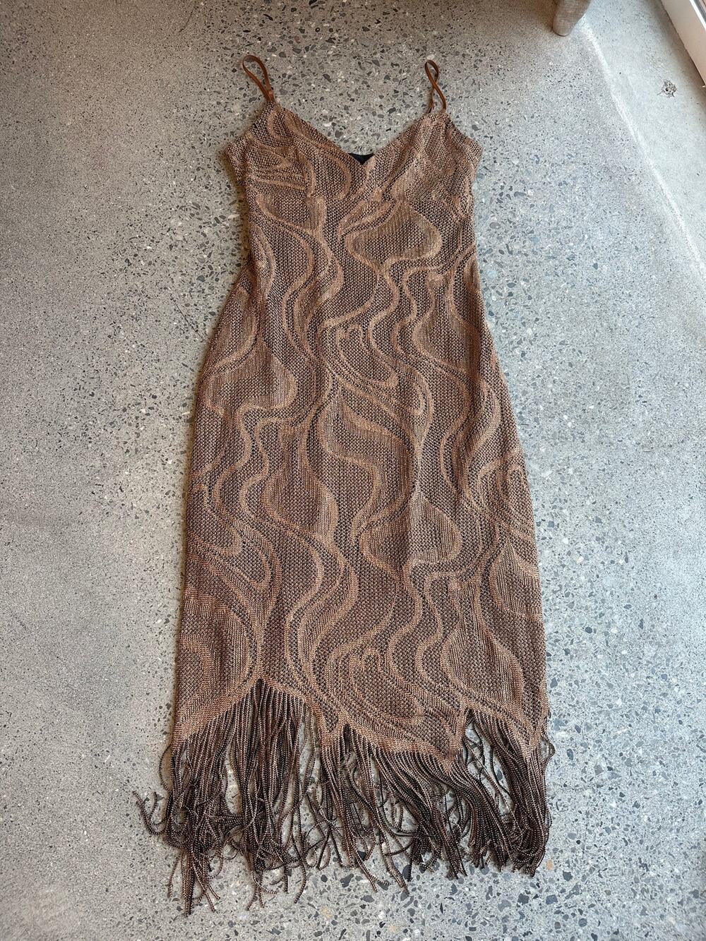 Express Women’s Size 1/2 Maxi Dress Bronze Metallic Knit Fringe Y2K Made in USA